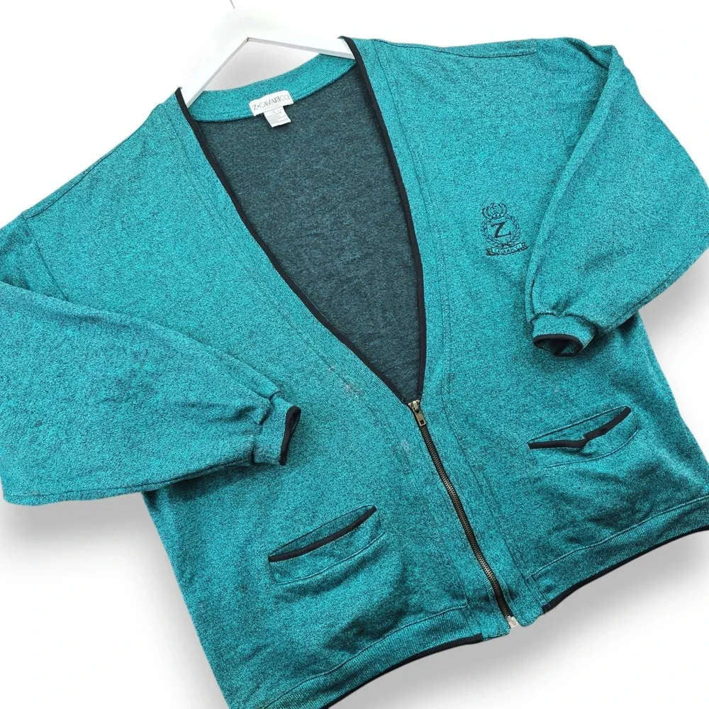 Z Cavaricci Mens Cardigan Sweater Large Teal Zip Front Marl Knit Vintage Pockets